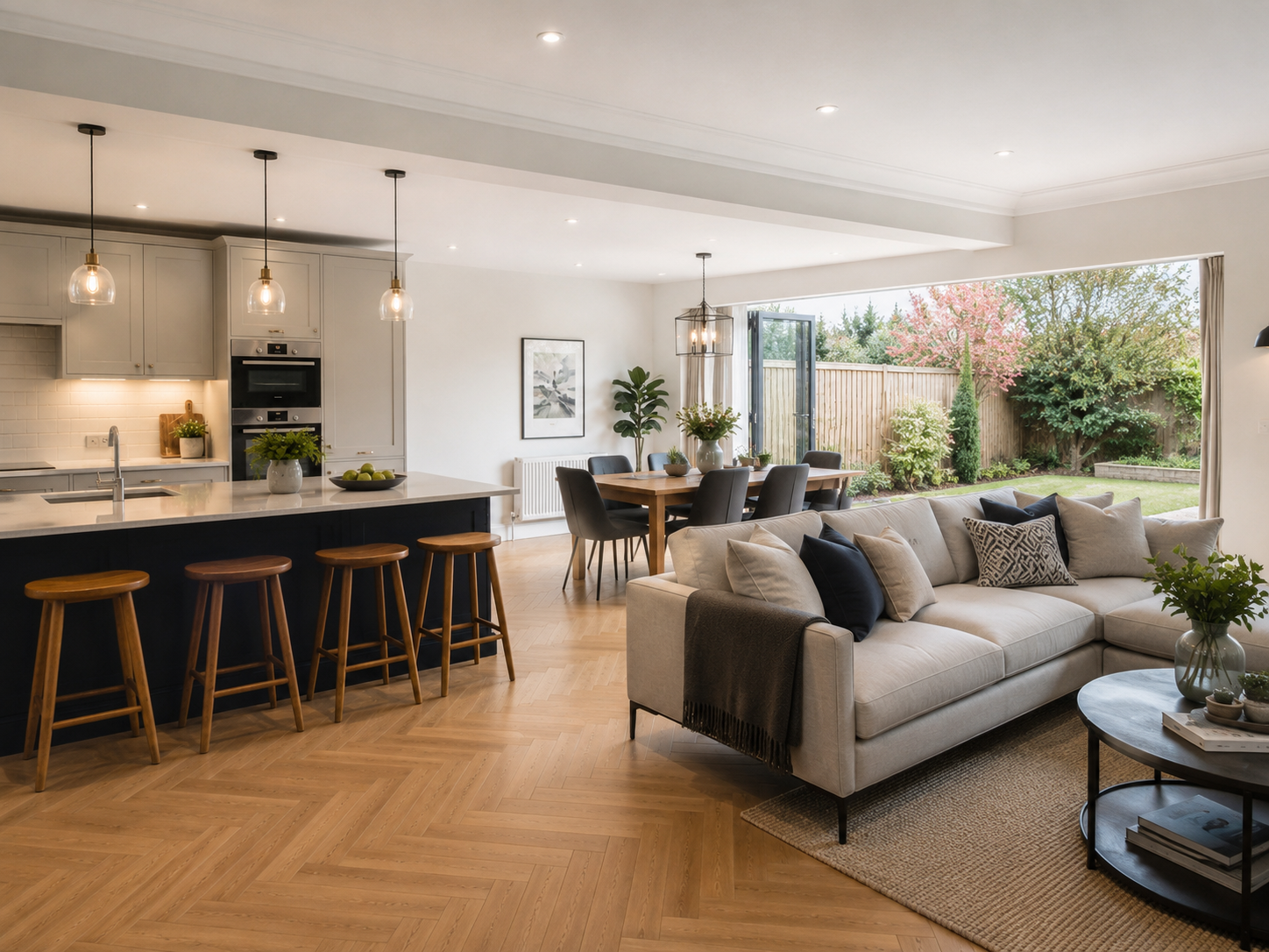 Finished open plan kitchen and living space after structural alterations