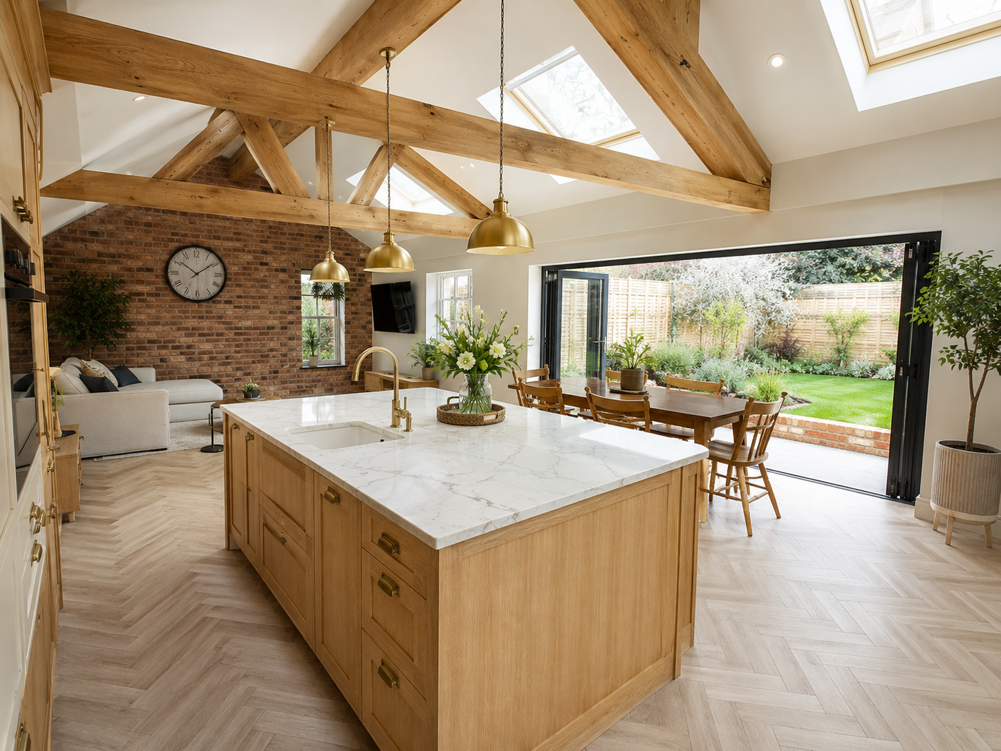 Traditional style kitchen extension with exposed timber beams and rooflights