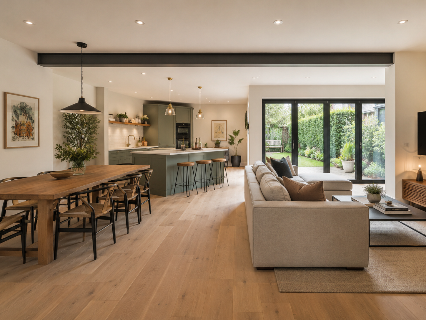 Open plan renovation with kitchen dining area and living space connected by a wide structural opening