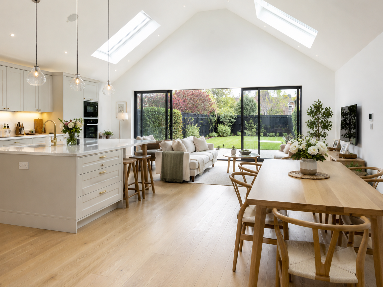 Open plan kitchen diner with vaulted ceiling, rooflights and sliding doors to the garden