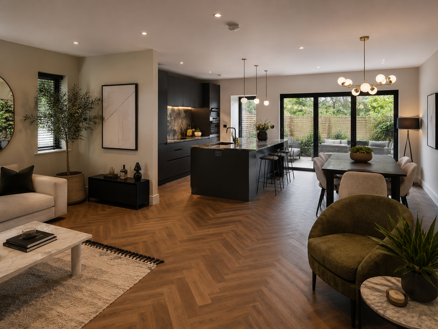 Open plan property refurbishment with kitchen dining living space and garden doors