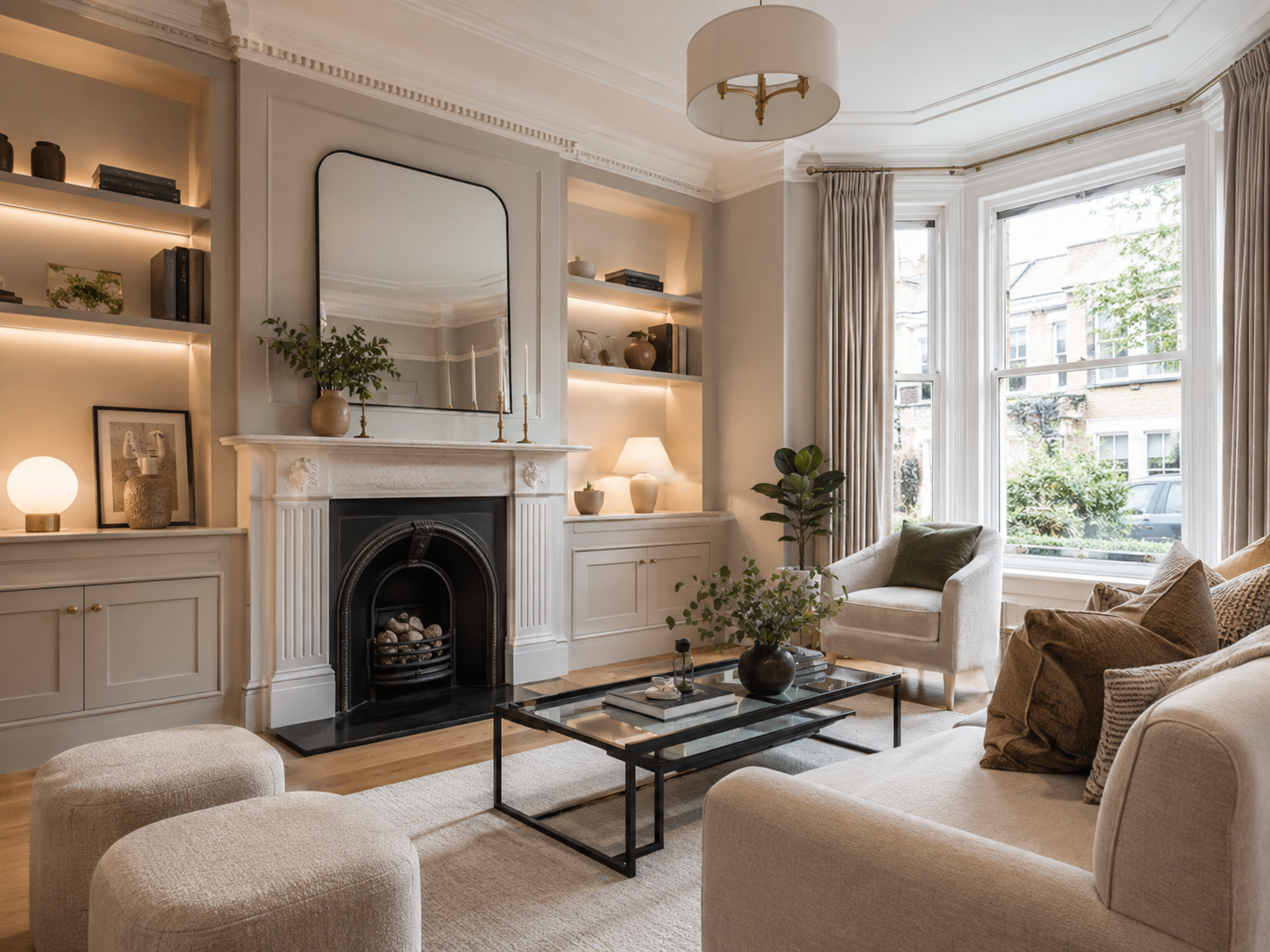 Finished living room refurbishment with built-in shelving fireplace and soft neutral finish