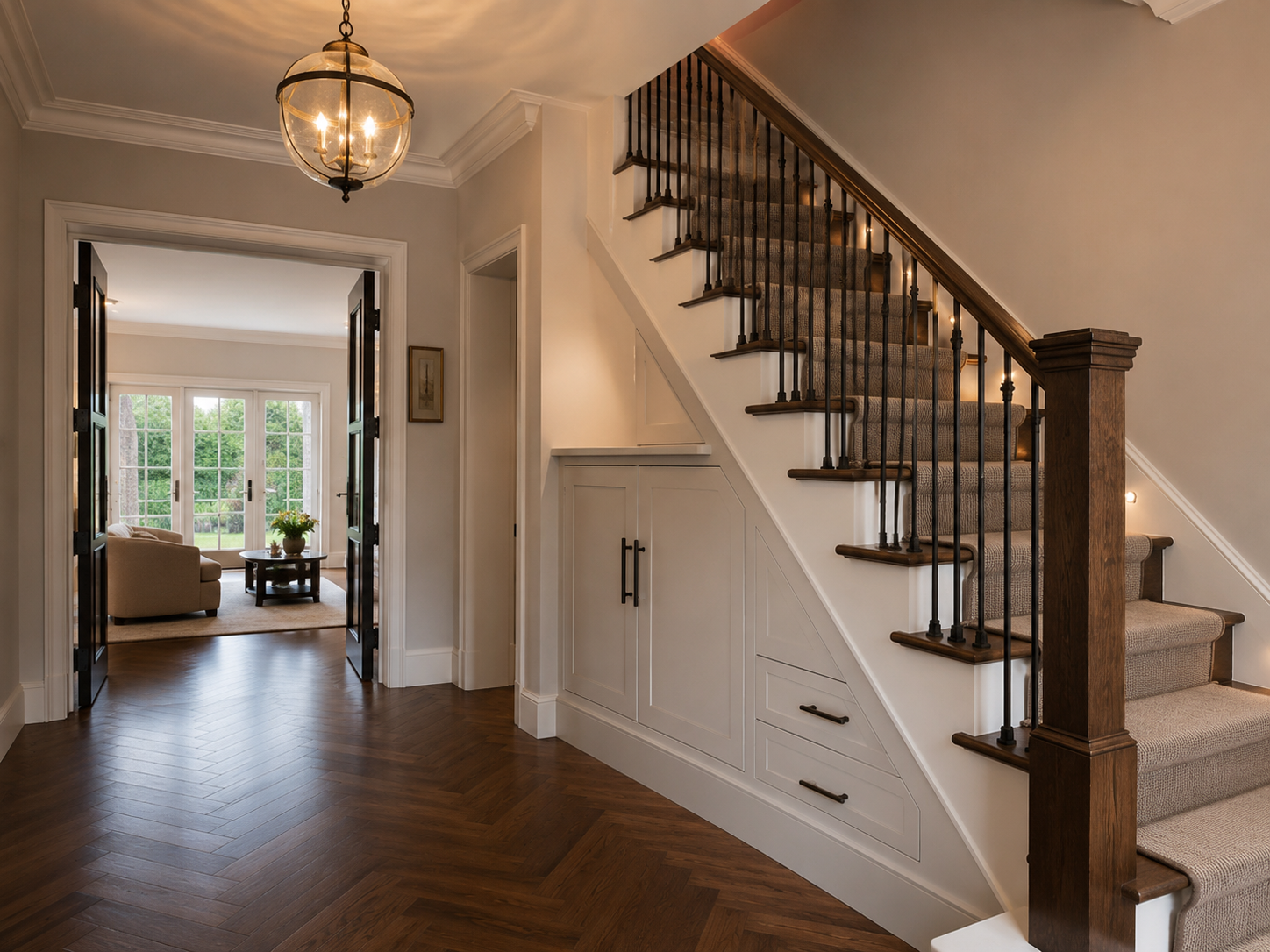 Refurbished hallway and staircase with built-in under stair storage and finished joinery