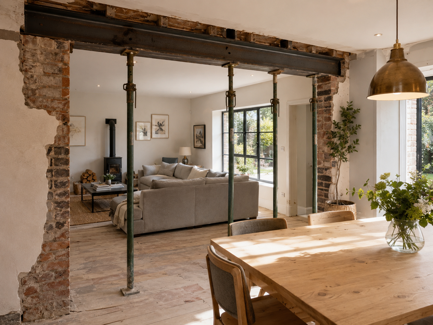 Exposed steel beam and structural support work during renovation
